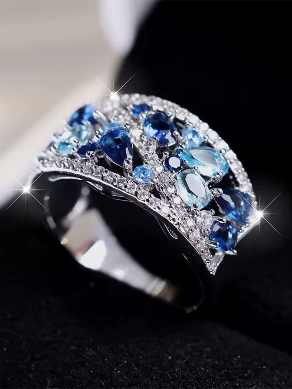 Silver color Ring with Mixed Blue Gemstones - Women Jewelry - Picture 4 of 5